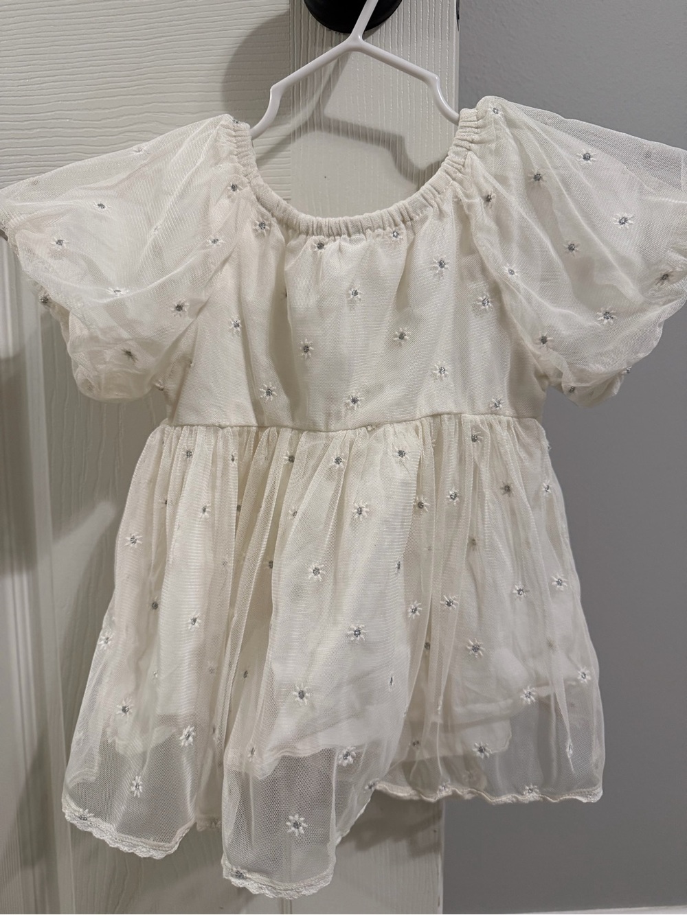 Zara Cream Puff-Sleeve Embroidered Tulle Dress